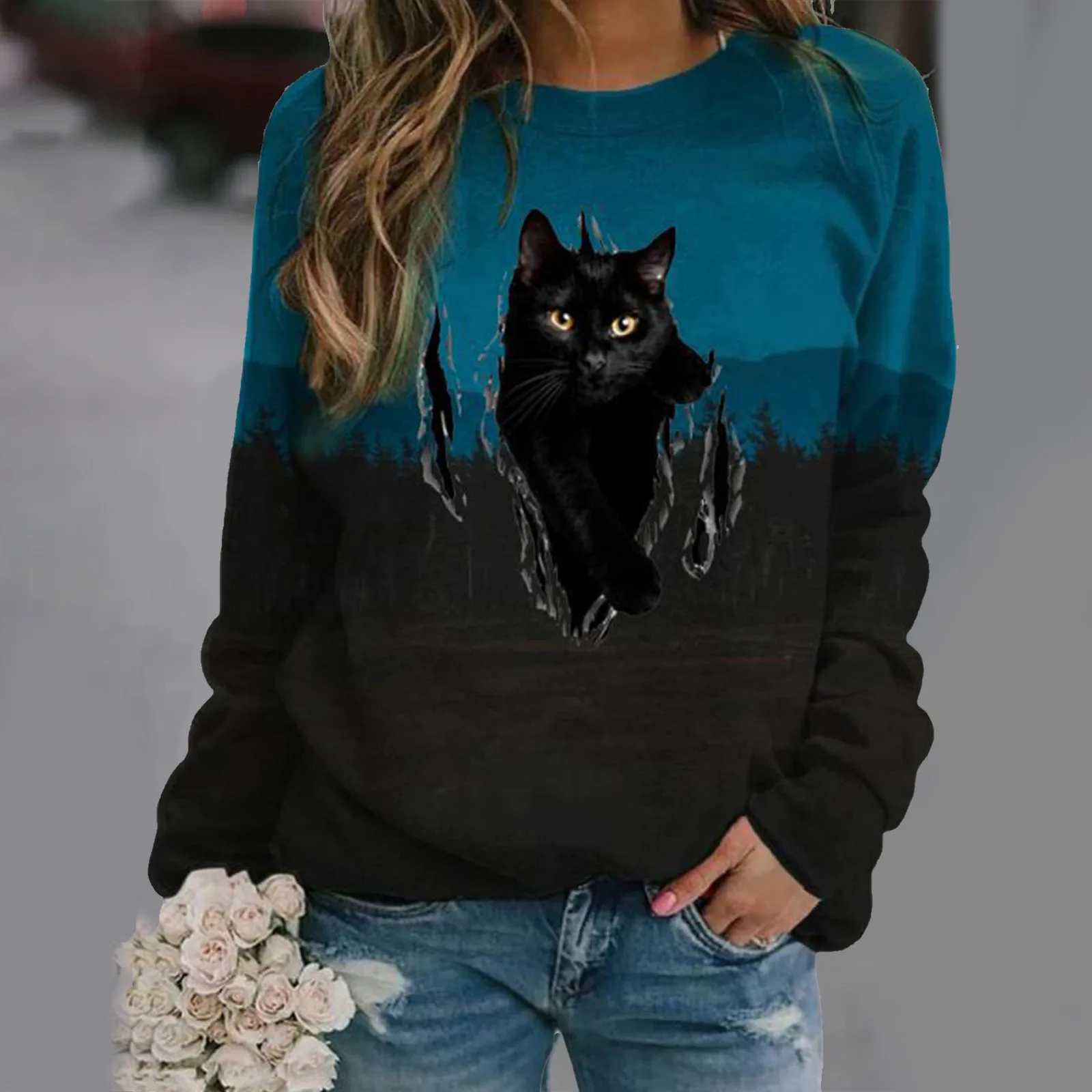 Jeseni Svoboden Osnovne Tee Rokavi Ženske Black Cat Print majica s kratkimi rokavi Ženske O-vratu Priložnostne Prelivi Vrhovi Ženski Harajuku 2020 Nova