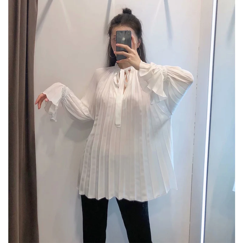 Jeseni Za Belo Naguban Ženske Bluze Jeseni Leta 2020 Prevelike Majice Ženska Dolg Rokav Ruffle Lisice Letnik Lok Bluzo Dame Vrhovi