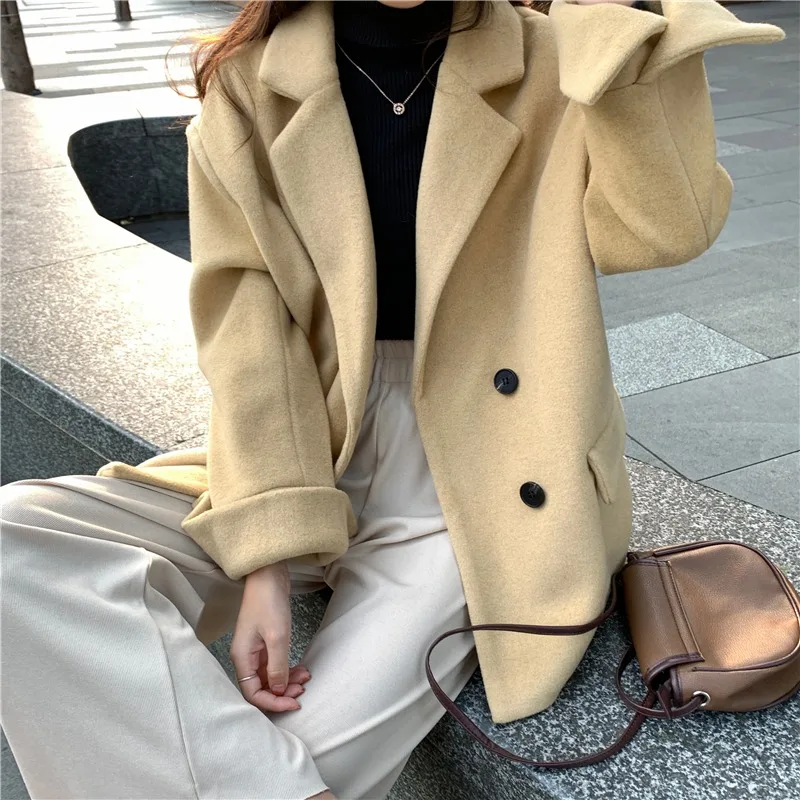 Jesenska in zimska oblačila novo korejska različica svoboden temperament vse-se ujemajo sredine dolžina obleko majhne debele volnene obleka jakna ženske