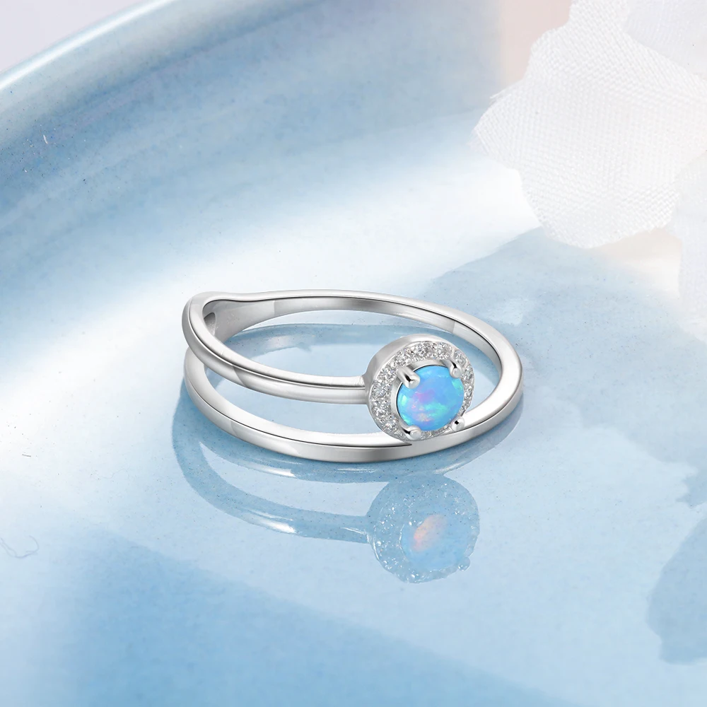 JewelOra 925 Sterling Srebro Dvojno Višeslojno Obroč z Okrogle Modre Opal Kamen Ženski Silver Obroči za Ženske Minimalističen Nakit