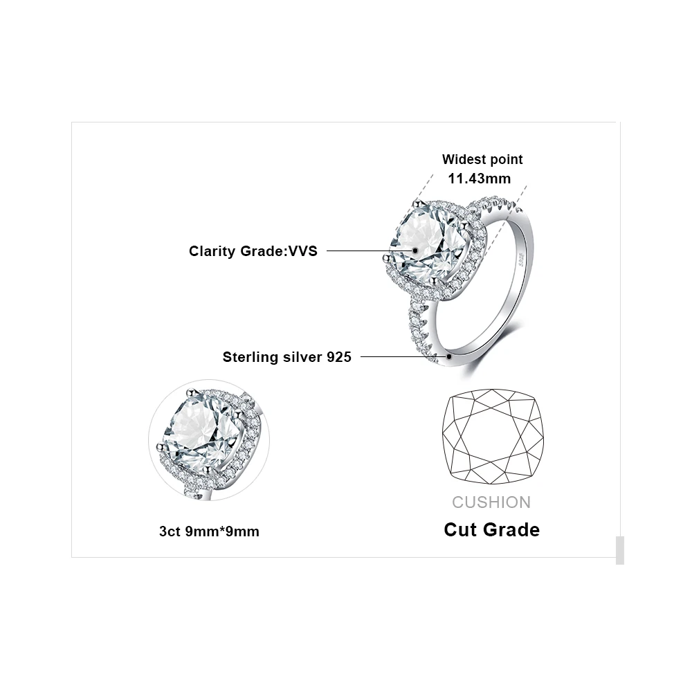 JewelryPalace 3ct CZ Halo Zaročni Prstan 925 Sterling Silver Obroči za Ženske Obletnico Obroč Poročni Prstani Srebro 925 Nakit