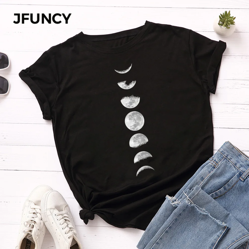 JFUNCY Plus Velikost Tshirt S-5XL New Moon Print Majica s kratkimi rokavi Ženske, Bombaž O Vratu T-Shirt Kratek Rokav Vrhovi Poletje Priložnostne Majice