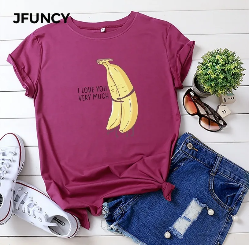 JFUNCY Prevelik Ženske T Shirt Poletje Bombaža T-shirt Banane Harajuku Risanka Tiskanja Ženski Tee Plus Velikost Lady Vrhovi Tshirt Ženske