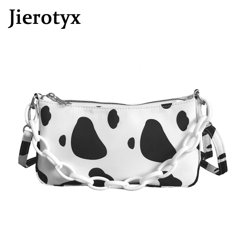 JIEROTYX Moda Messenger Bag Ročne Torbe Za Ženske Krave Vzorec Tiskanja Kovinske Verige Usnje Ramo Torbe, Priložnostne Crossbody Vrečke