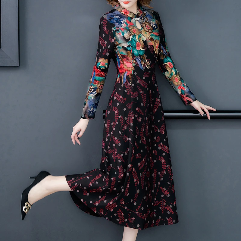 JiuMeiDai 2020 Žensk Pomlad Jesen A-Line Obleko Urad Dama Elegantno Natisnjeni Dolge Obleke, Ženski Retro Stranka Plus Velikost Oblačila