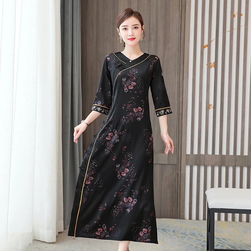 JiuMeiDai 2020 Ženske Kitajski Slog Dolgo Obleko Urad Dama Elegantno Tiskanje, Obleke, Ženski Proti-Vrat Letnik Stranka Cheongsam Plus Velikost