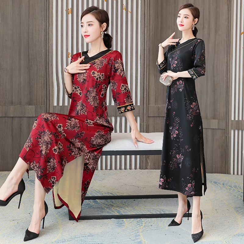 JiuMeiDai 2020 Ženske Kitajski Slog Dolgo Obleko Urad Dama Elegantno Tiskanje, Obleke, Ženski Proti-Vrat Letnik Stranka Cheongsam Plus Velikost