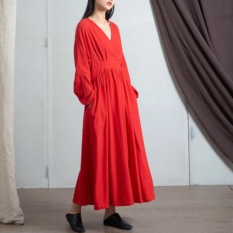 Johnature 2020 Pomlad Bombaž Perilo Novih Proti-vrat Svoboden Barva Dolgo Vintage Obleko Novo 3 Barve Kitajski Slog Ženske Obleke