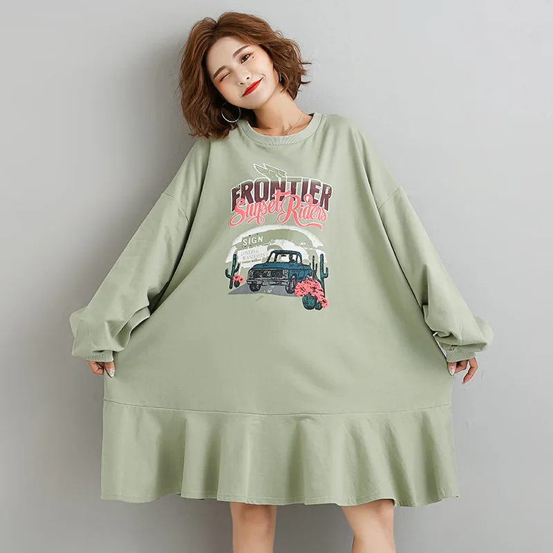 Johnature 2021 Jeseni Nove korejske Modne Natisnjeni Ženske obleke za Prosti čas Svoboden Risanka O-vratu Dolg Rokav Vse-tekmo Fishtail Obleke