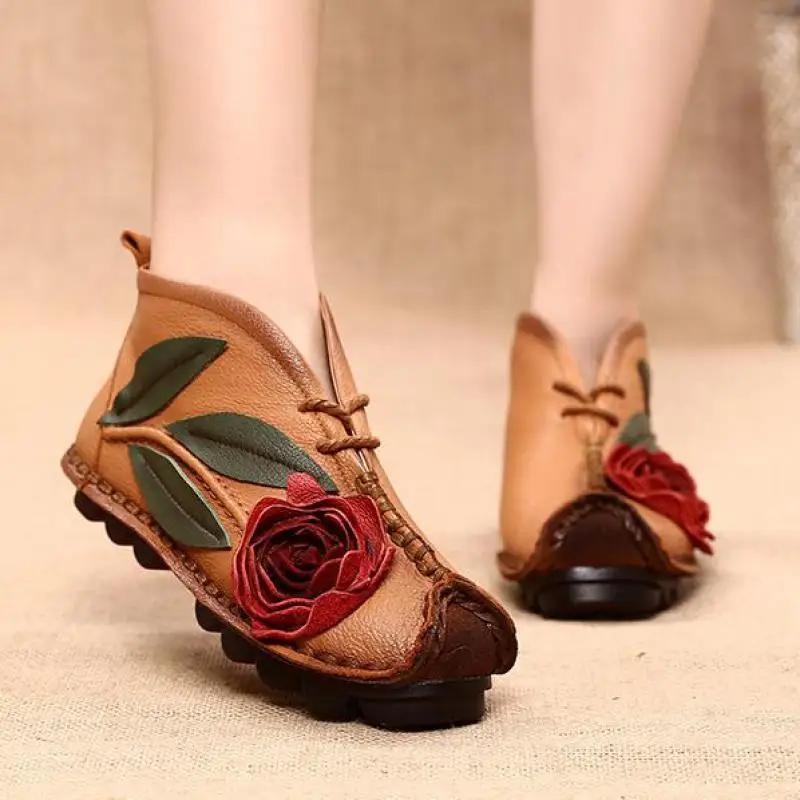 Johnature Ženske Čevlje Pravega Usnja Platforma Čevlji 2020 Nove Jesensko Cvetlični Ravno S Krog Toe Ročno Šivanje Gleženj Škornji