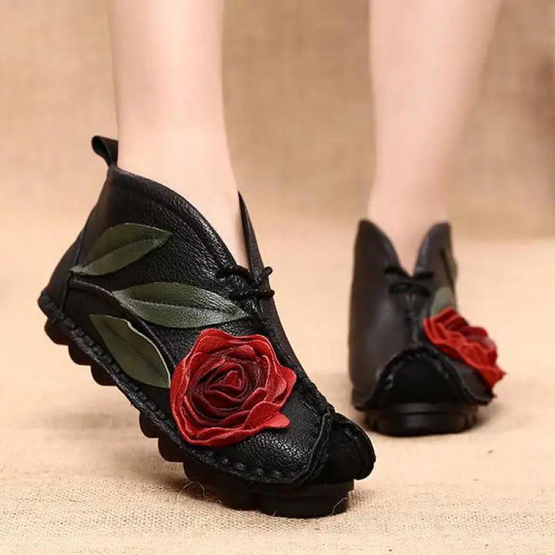 Johnature Ženske Čevlje Pravega Usnja Platforma Čevlji 2020 Nove Jesensko Cvetlični Ravno S Krog Toe Ročno Šivanje Gleženj Škornji