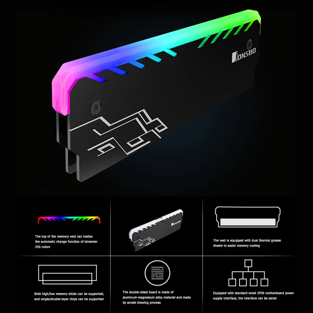 Jonsbo 2PCS RAM Toplote Hladilnik 256 Barv Automatical RGB Svetlobe Pomnilnik hladilnega telesa DDR DDR3 DDR4 Heatsink za PC Gaming Overclocking