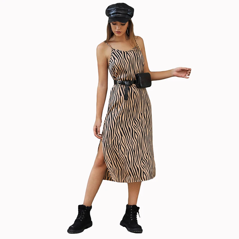 JYSS poletje nove modne kaki zebra črtaste obleke, ženske backless zanko sredi tele dolžina split obleke dekle brez rokavov 82096