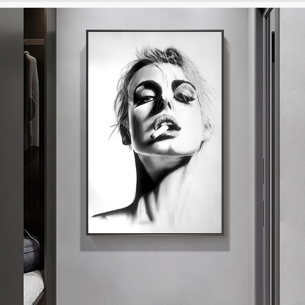 Kajenje Ženska Art Črno in Belo Platno Slikarstvo Portret Plakati in Tiskanje Wall Art za Dnevni Sobi Doma Dekor (Brez Okvirja)