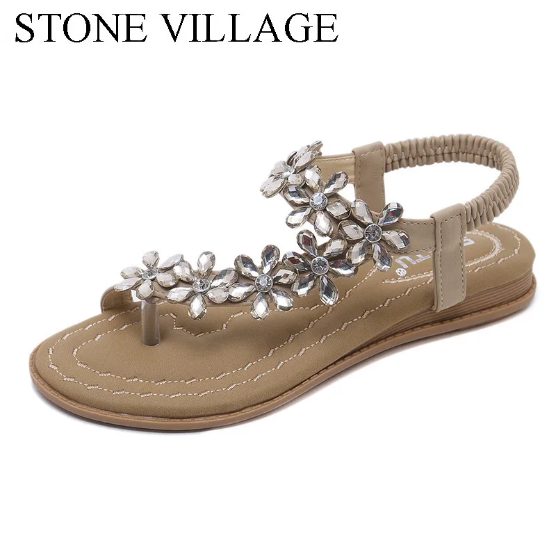 KAMEN VASI Novih 2019 nacionalni sandali bohemian cvetje nosorogovo ženske sandali, čevlji velikosti ravno plaži čevlji ženske