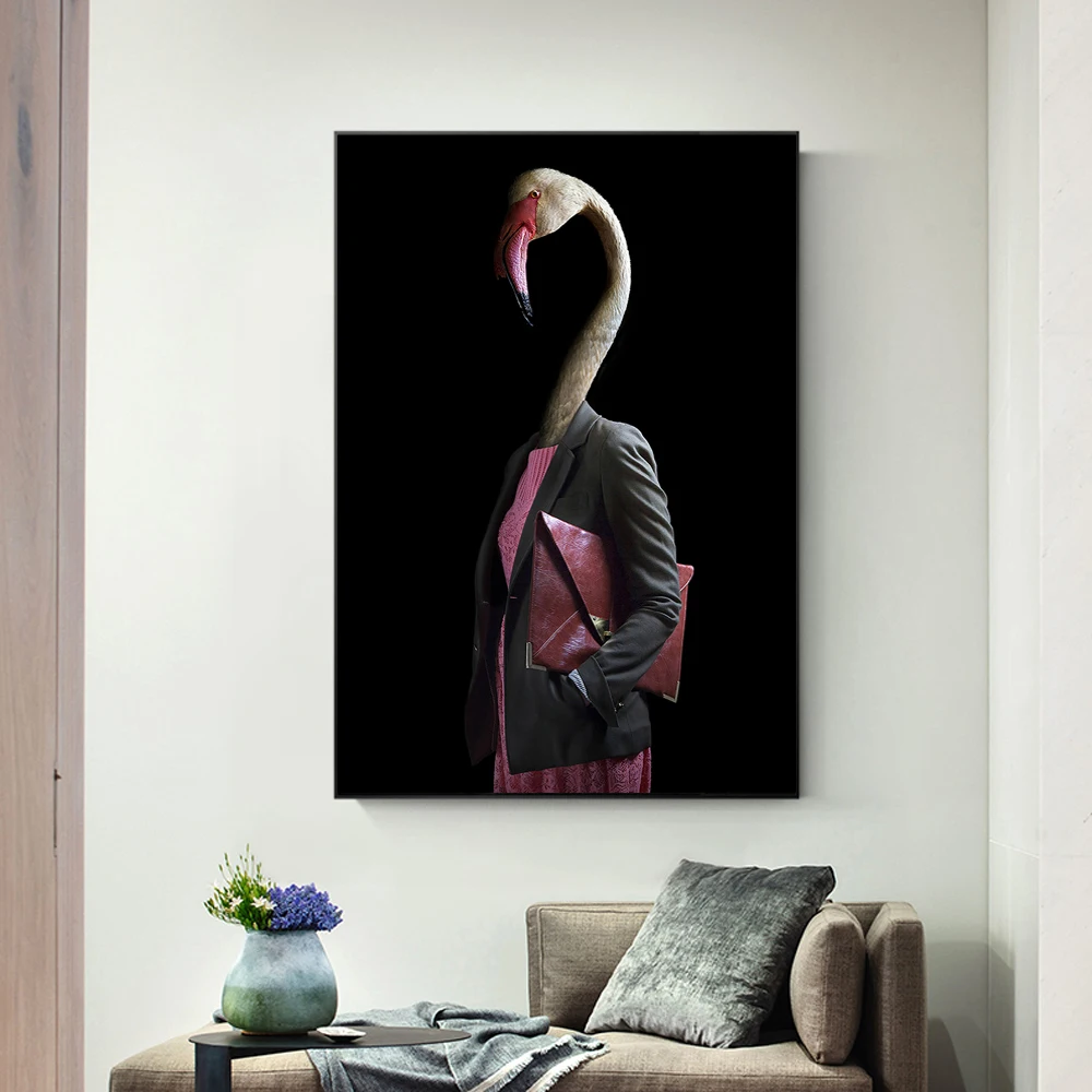 Karibuja Flamingo V Oblačila Umetnosti Platno, Tisk Slikarstvo Anthropomorphic Živali Steni Sliko, Dnevna Soba Dekoracijo Doma Plakat