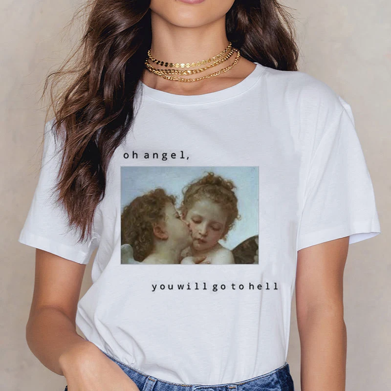 Kawaii Angel Fashion Majica s kratkimi rokavi Ženske Smešno Tiskanja Kratka Sleeved O-vratu T-shirt Letnik Modi Tshirt Harajuku Ullzang Vrh Tee Ženski