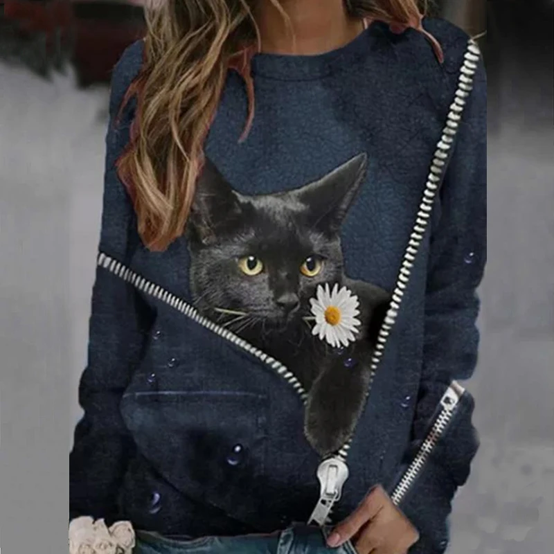 Kawaii Black Cat Cvet Zadrgo, Print Ženske T Srajce Z Dolgimi Rokavi Priložnostne Ženska Tees Plus Velikost Svoboden Estetske Puloverji Vrhovi 2021
