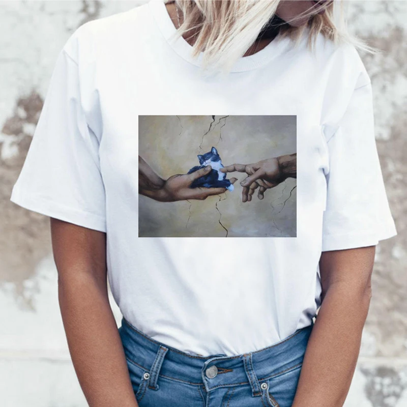 Kawaii Mačka Smešno Risanka Majica s kratkimi rokavi Ženske Harajuku Ullzang Srčkan T-shirt 90. letih Moda korejskem Slogu Tshirt Lepo Tiskanje Vrh Tee Ženski