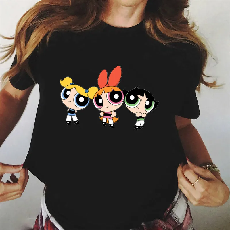 Kawaii Powerpuff majica s kratkimi rokavi ženske tiskanja kratek rokav t srajce srčkan risanka moda priložnostne black vrhovi grafični tees ženske majice