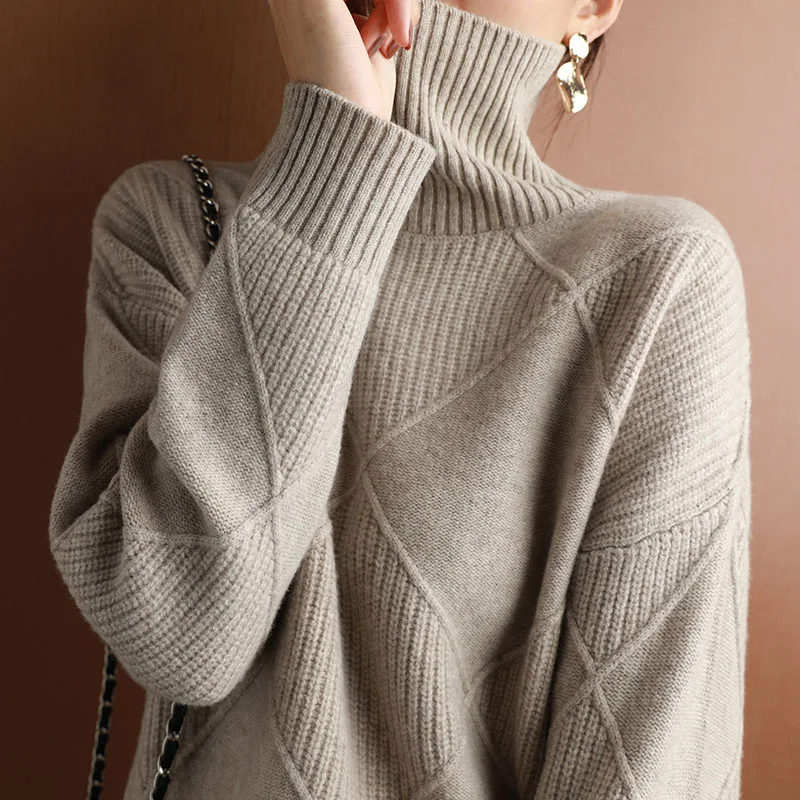 Kašmir pulover ženske turtleneck pulover čiste barve pletene turtleneck puloverju čiste volne svoboden velika velikost pulover ženske