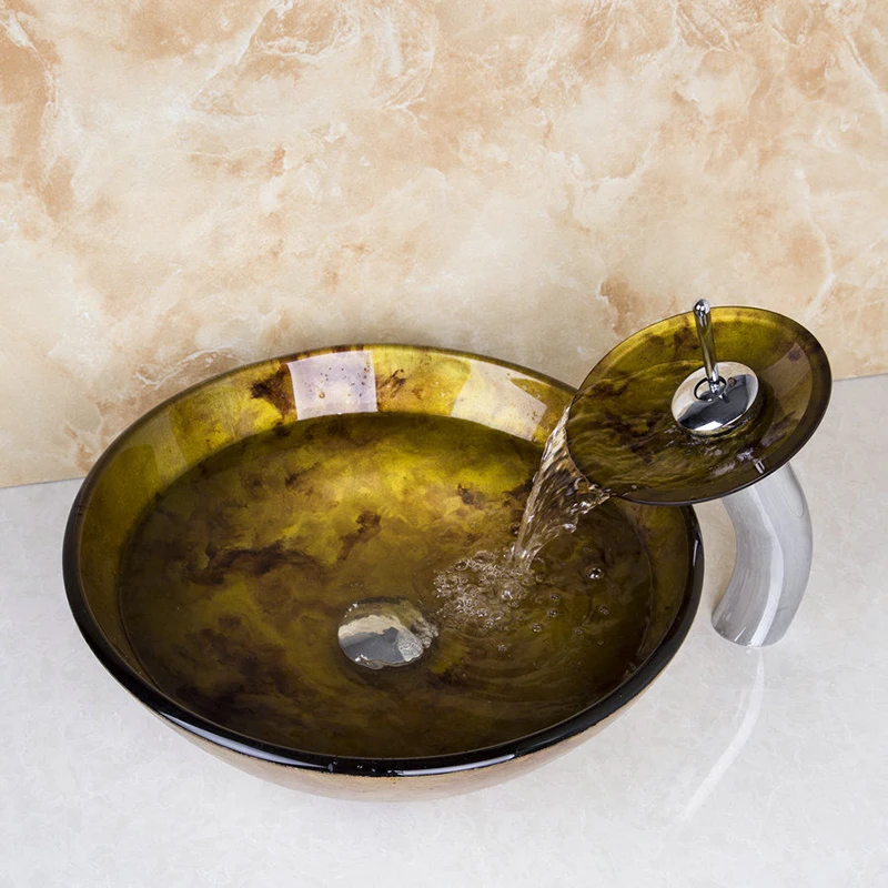 KEMAIDI Klasično Steklo Krog Kopalnico Umivalnik Pipe, Kaljeno Steklo Plovila Korito Z Slap Chrome Pipo, Set