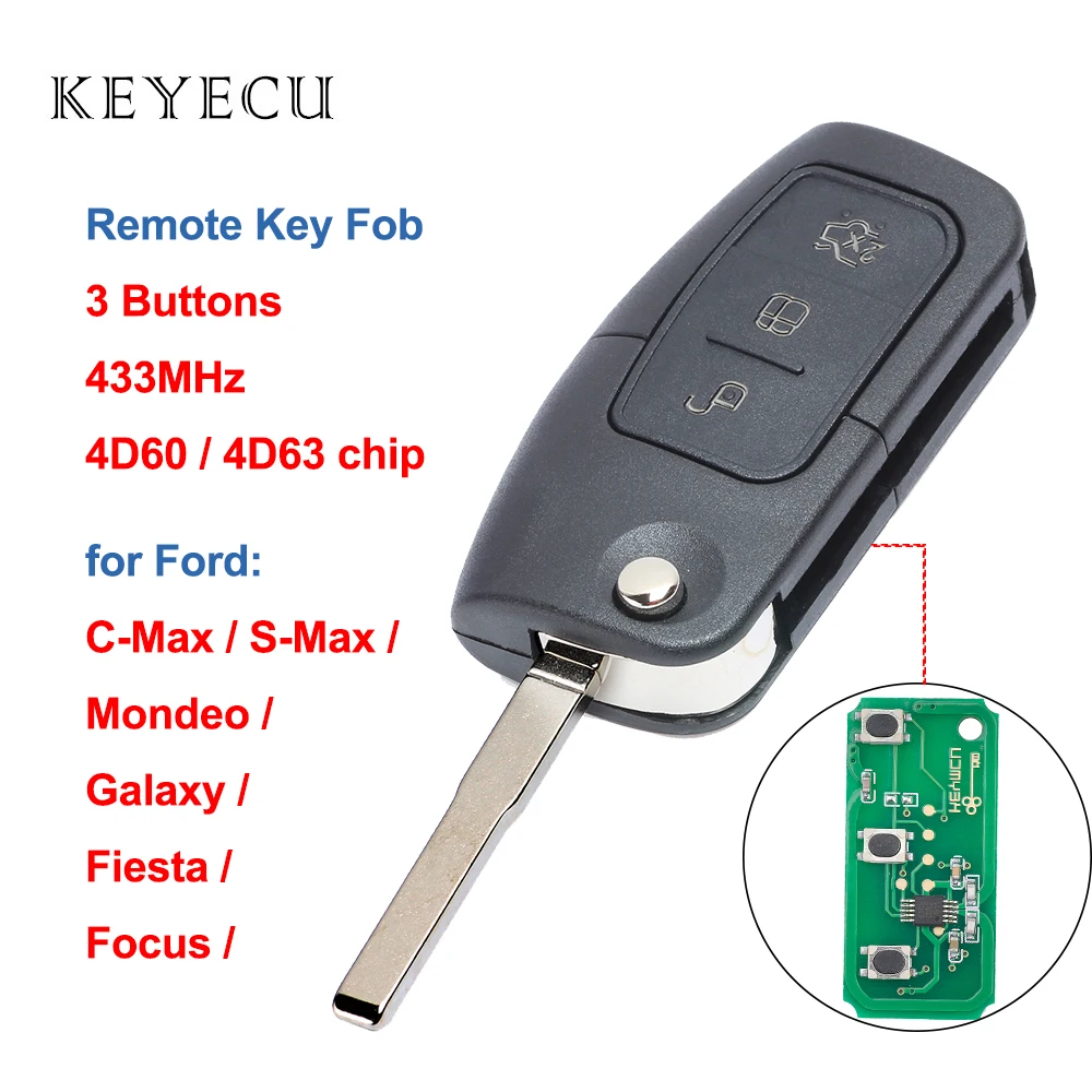 Keyecu Daljinsko Avto Ključ Fob 3 Gumb 433MHZ 4D60/4D63 Čip za Ford C-Max / S-Max / Mondeo / Galaxy / Fiesta / Focus - HU101 Rezilo
