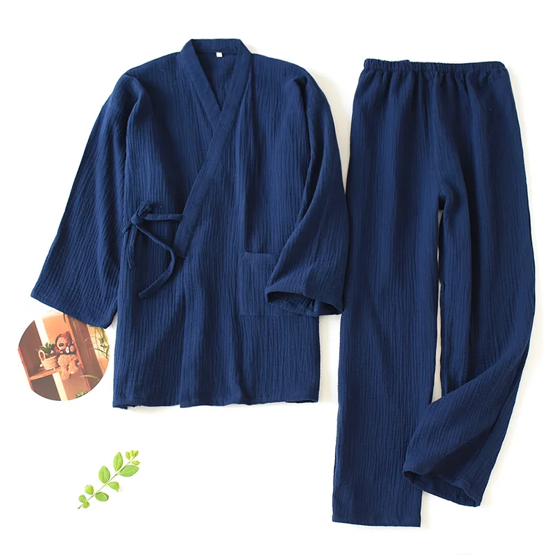 Kimono Pižamo Nastavite Barva Bombažne Krep Sveže Nekaj Homewear Moški Ženske Svoboden Dolgimi Rokavi, Hlače Sleepwear Pajama Set