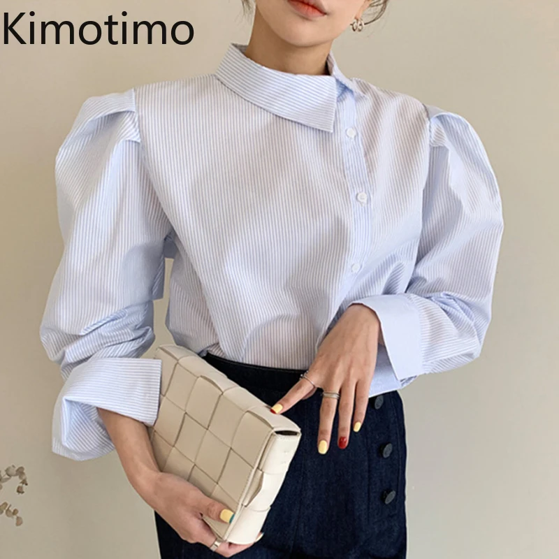 Kimotimo Ženske Bluzo Dolgo Puff Rokav Stripe Majica Femme Oversize Vzročno Korejski Elegantno Delo Blusas 2021 Pomlad Jesen Mujer