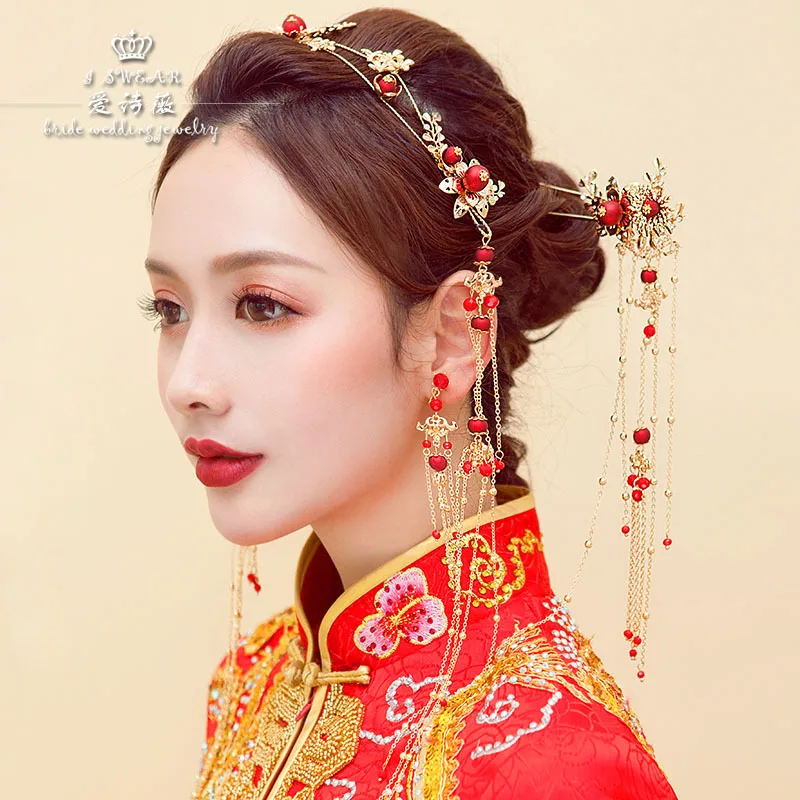 Kitajski rdeče Phoenix krono headring uhani stari tassel poroko lase krono pripomočki na debelo