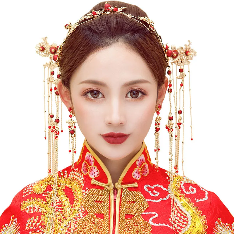 Kitajski rdeče Phoenix krono headring uhani stari tassel poroko lase krono pripomočki na debelo