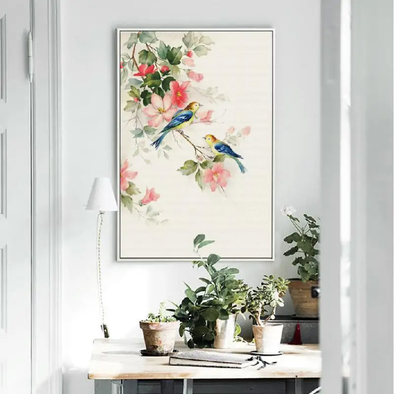 Kitajski Retro Slogu, Akvarel Roza Cvetja, Ptic, Metuljev Krajine Platno, Tisk Tradicionalnih Dnevna Soba Dekorativni Plakat