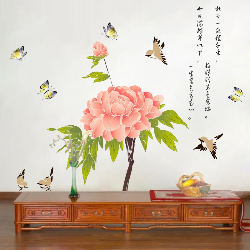 Kitajski Slog Lepa Peony Cvet Rože z Metulj Stenske Nalepke za dnevno Sobo Ozadju Spalnica Umetnosti Decals Freske