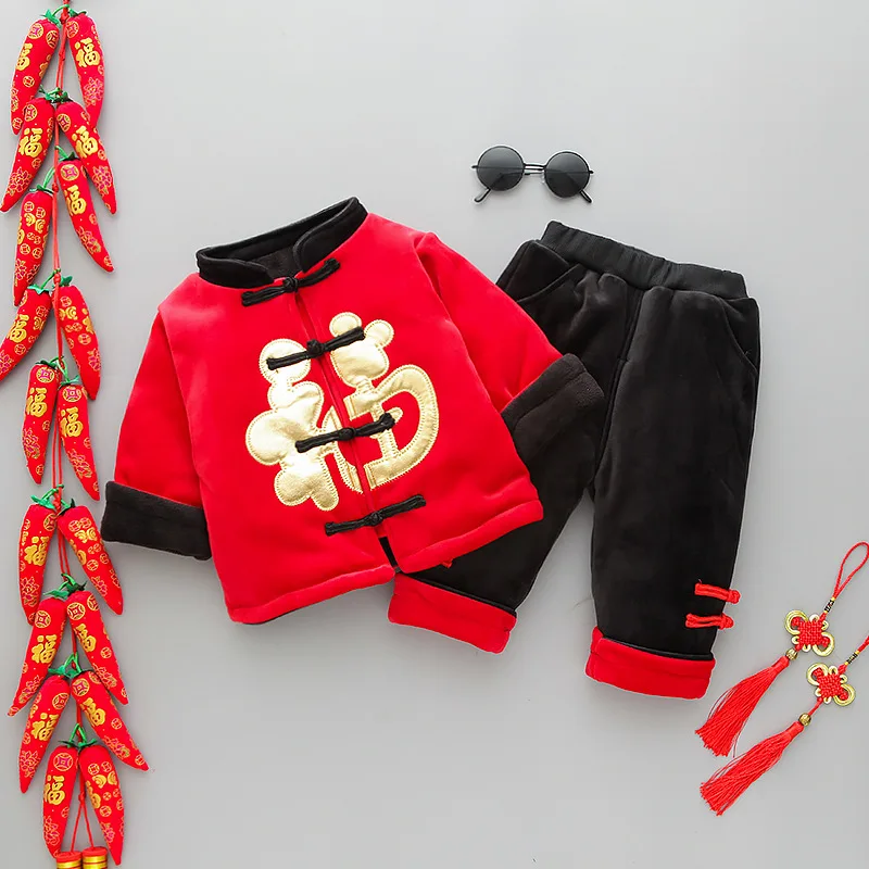 Kitajski slog malčka fantje dekleta zimska oblačila določa baby otroci Debel Suknjič + Hlače Kitajsko Novo Leto Obleko