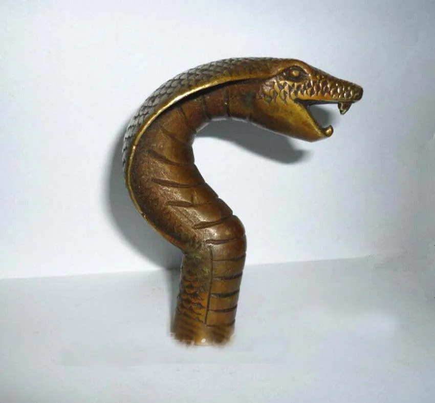 Kitajski Stare Bronasto Ročno Izrezljane Cobra Kip Trsa Hoja Palico Glavo