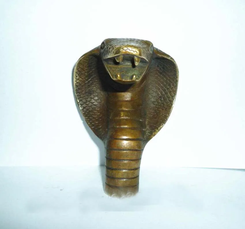Kitajski Stare Bronasto Ročno Izrezljane Cobra Kip Trsa Hoja Palico Glavo