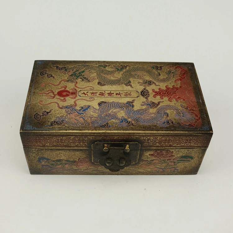 Kitajski stare Sodišče izboljšanja zaklad baker škatla za shranjevanje medenina slikarstvo nakit polje