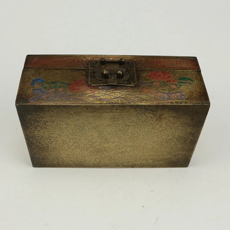 Kitajski stare Sodišče izboljšanja zaklad baker škatla za shranjevanje medenina slikarstvo nakit polje