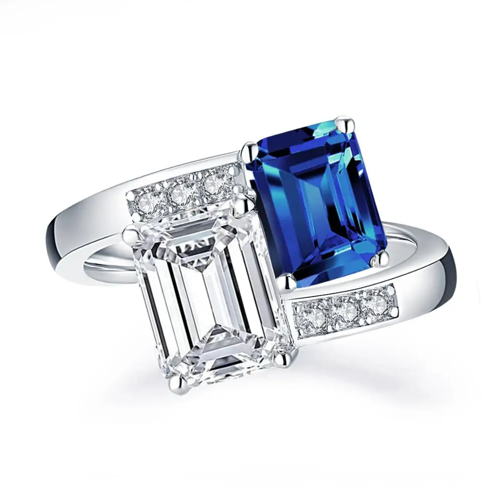 Klasična 925 Sterling Srebrna Bela/Modra, Smaragdno Cut Zaročni Prstan Simulirani Diamond Srebrno Poroko Obroč, Nakit, Darila