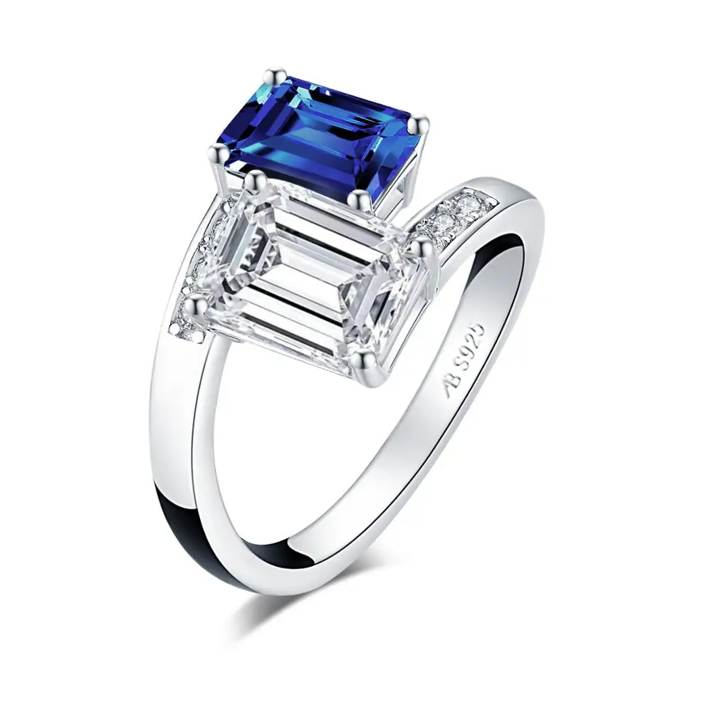 Klasična 925 Sterling Srebrna Bela/Modra, Smaragdno Cut Zaročni Prstan Simulirani Diamond Srebrno Poroko Obroč, Nakit, Darila