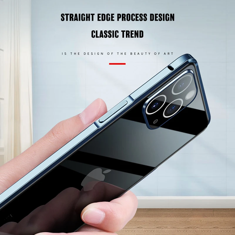 Klasičnih Kvadratnih Aluminumm kovinski bumper Za iPhone 11 Pro Primeru, kaljeno steklo Fotoaparat Varstvo Jasno telefon Kritje za iPhone12