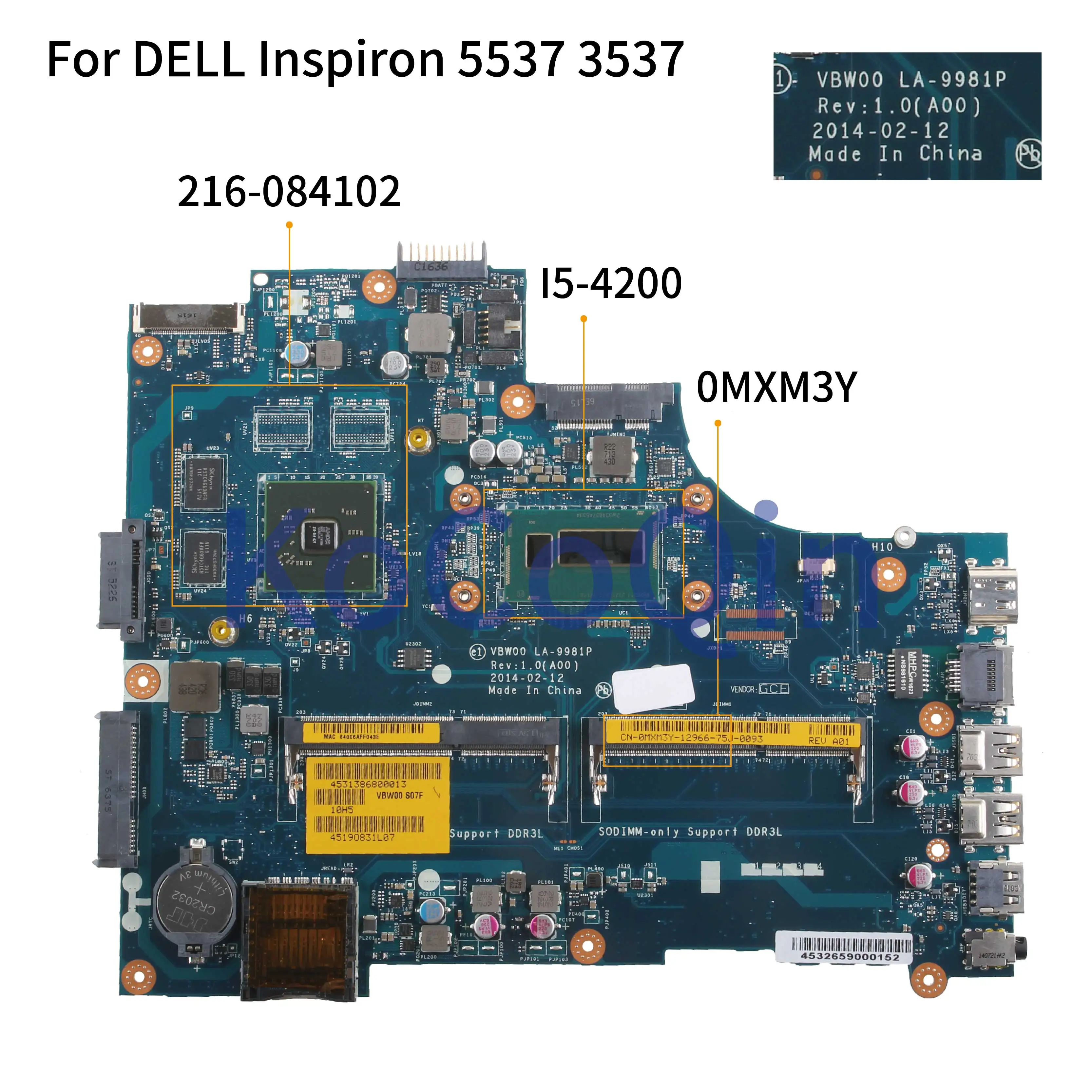 KoCoQin Prenosni računalnik z matično ploščo Za DELL Inspiron 15R 5537 3537 Core I5 Mainboard CN-0MXM3Y 0MXM3Y VBW00 LA-9981P SR170 216-0841027