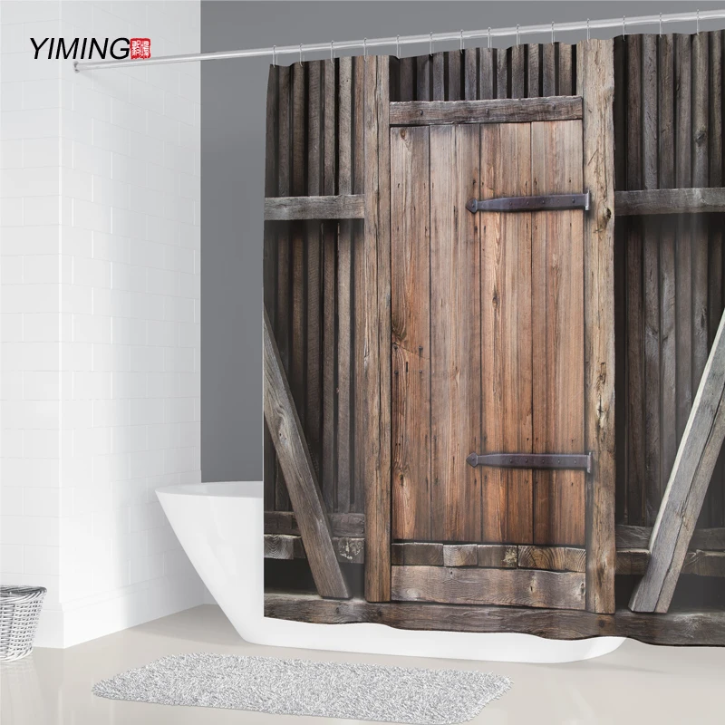 Kopalnica zavese retro brown 3D lesena vrata tiskanje nepremočljiva tuš zavesa s kavljem 200x180cm doma dekoracijo zaves