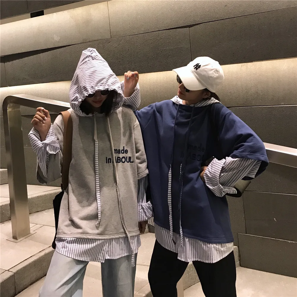 Koreja Harajuku BF ženske svoboden črke, vezene ponaredek dva kosa šivanje hooded dolgo sleeved Pismo majica proge, hip-hop
