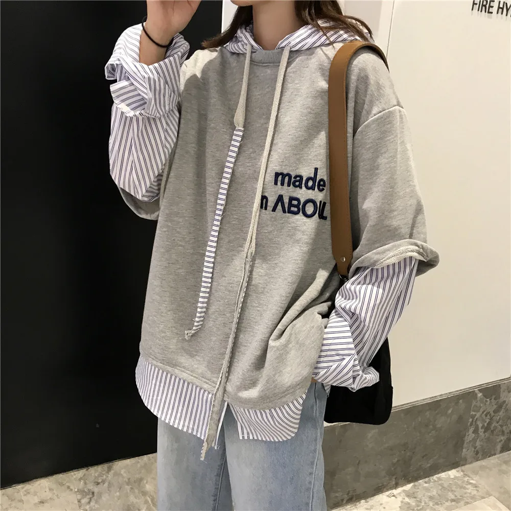 Koreja Harajuku BF ženske svoboden črke, vezene ponaredek dva kosa šivanje hooded dolgo sleeved Pismo majica proge, hip-hop