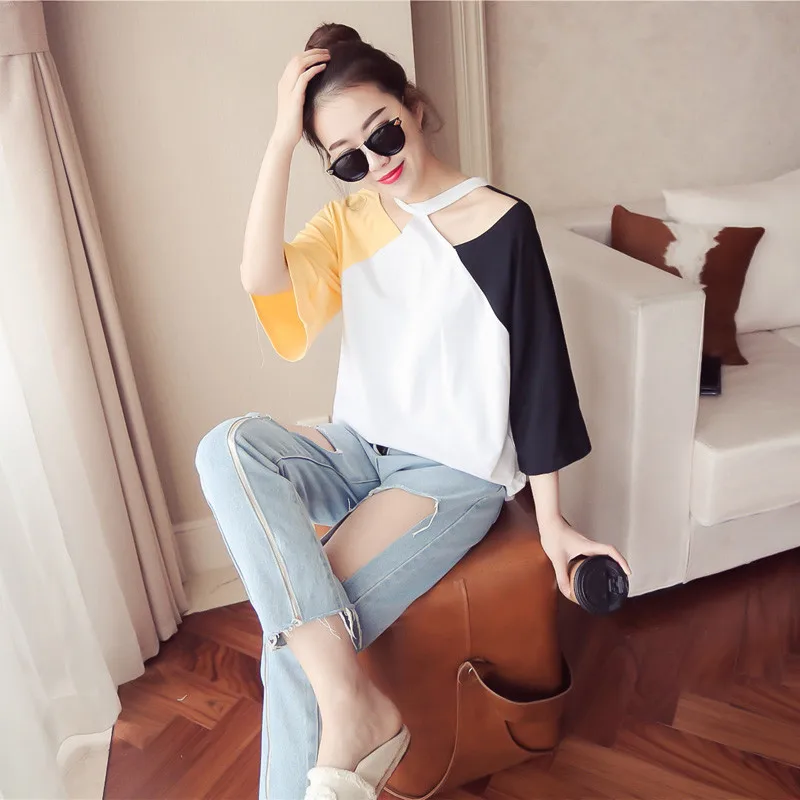 Korejska različica novo pomlad sedem rokav Povodcem ženska T-majica, širok ramenski suknjič majica tartufov barva barva T-shirt