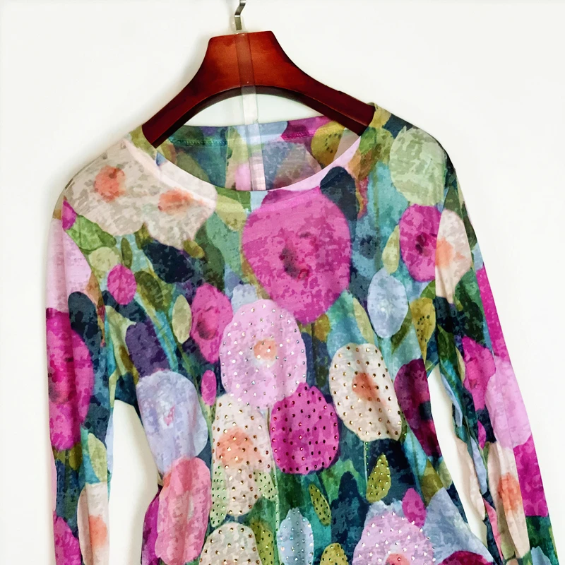 Korejski 2020 jeseni Sladkarije barvni cvetlični majica s kratkimi rokavi ženske dolg rokav grafični tees modis slim tshirt o-vrat vrhovi 4XL tee shirt femme