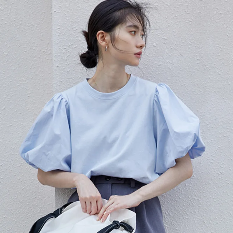 Korejski Elegancija Načrt O-vratu Luč Rokav Bela, Modra Ženske majice Poletje Ohlapno Belo Žensko Vrhovi Cotton Tee Dame Vrhovi