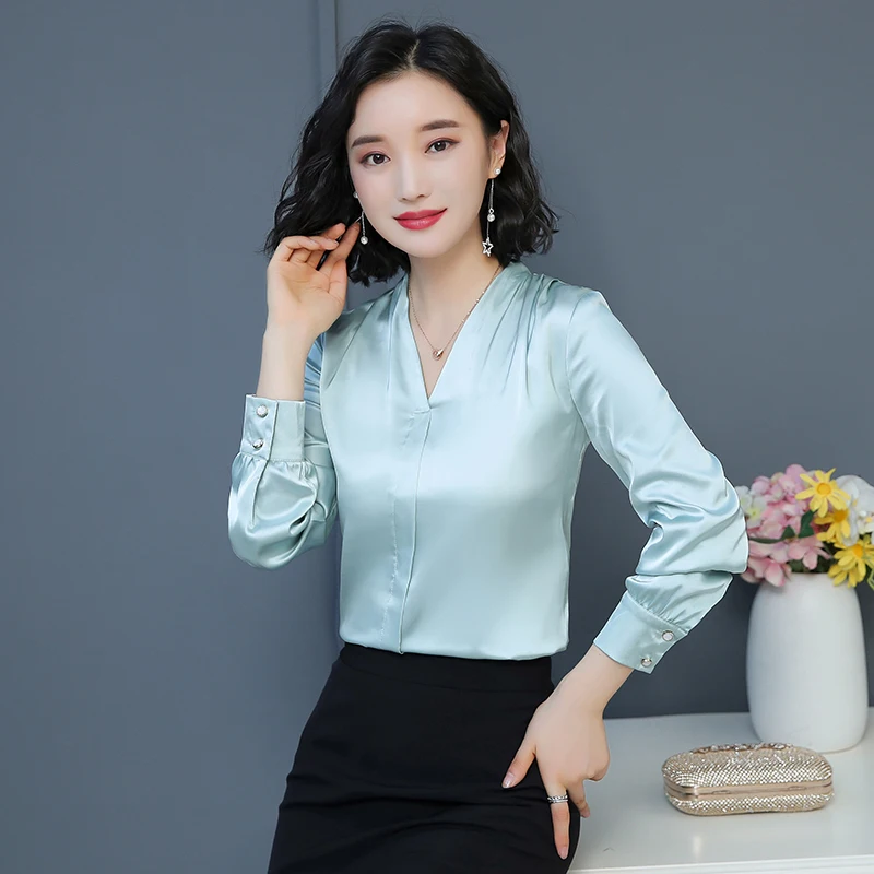 Korejski Moda Svilene Bluze za Ženske Elegantna Ženska Saten Ženske Majice Dolg Rokav Bluzo Majica Plus Velikost Ženske V Vratu Bluze