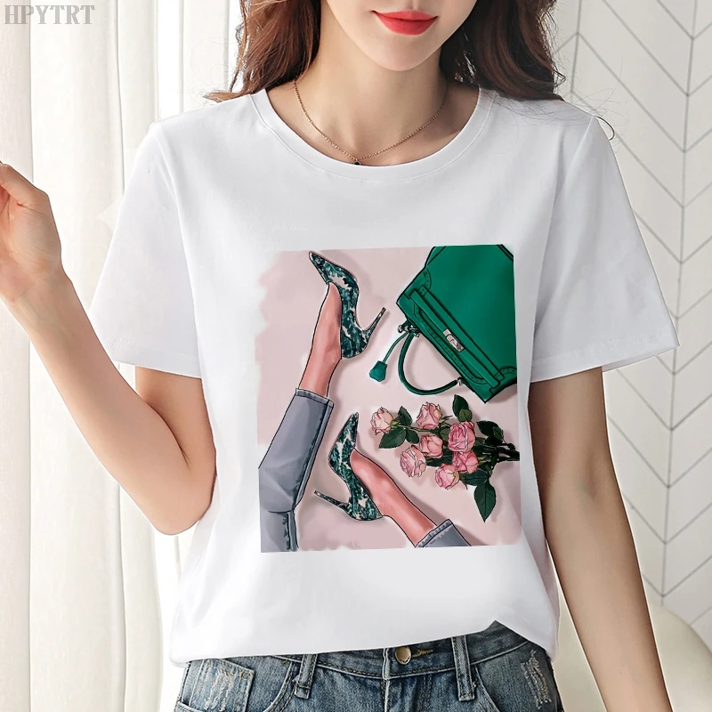 Korejski Plus Velikost Ženske Priložnostne majice Bele Vrh Ženskega Tshirt Moda Harajuku Seksi, Lepe Noge Cvetje Natisnjeni O-vrat Tee